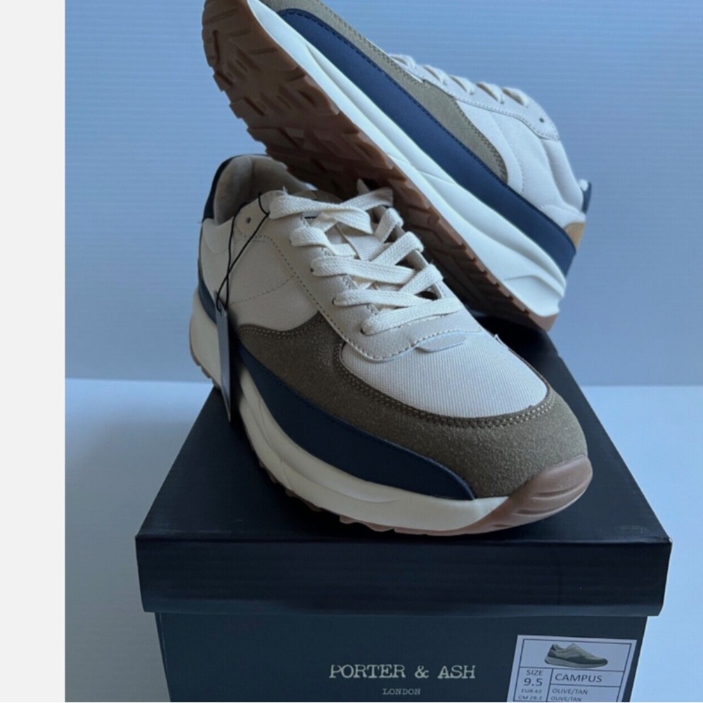 Porter & Ash London Sneakers Comfort Foam Olive/Tan Lace-Up Size9.5 CAMPUS.NWT.